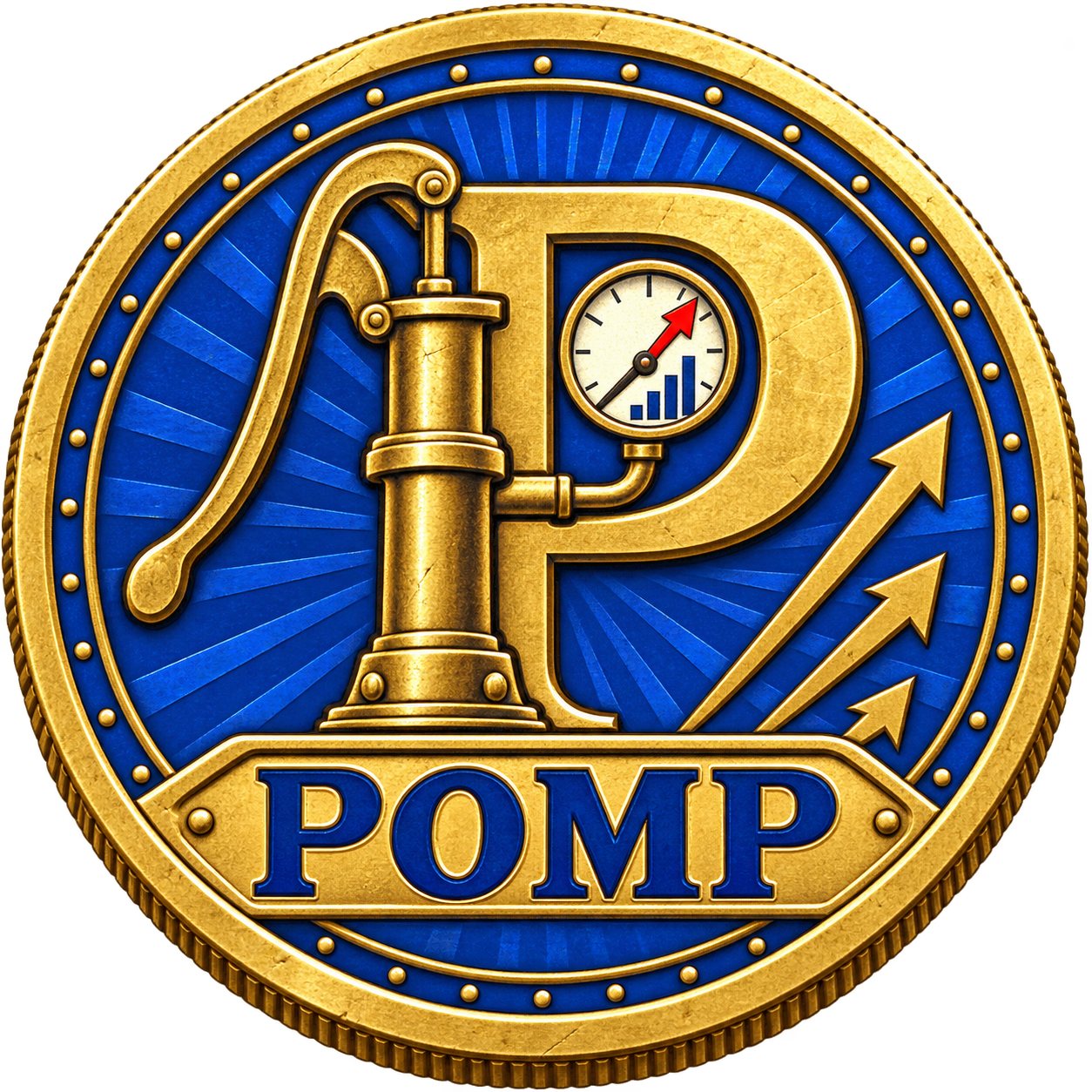Fictional circular POMP emblem with a hand pump and pressure gauge